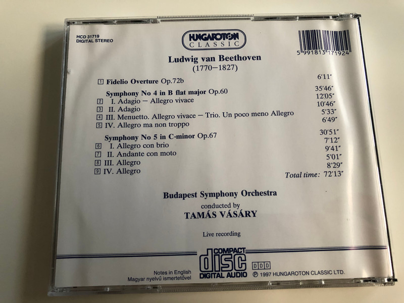 Beethoven - Symphony No. 4, No 5, Fidelio - Overture / Budapest Symphony Orchestra / Conducted by Tamás Vásáry / LIVE recording / Hungaroton Classic Audio CD 1997 / HCD 31719 (5991813171924)