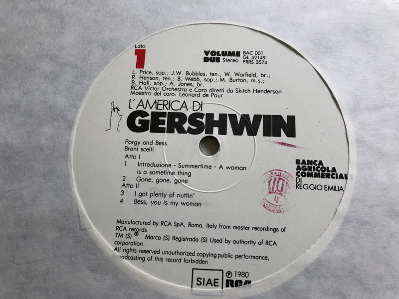  L'America di Gershwin / 2x LP, Stereo / Peter Nero, piano, Boston Pops Orchestra / Conducted by Arthur Fiedler / Leontyne Price, Barbara Webb, Berniece Hall sopranos, RCA Victor Orchestra & Chorus / RCA 1980 (GL42149-60)
