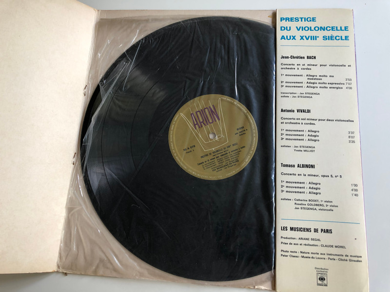 Prestige du Violoncelle au XVIII-e Siecle / Les Musiciens de Paris / Jean Chrétien Bach, Tomaso Albinoni, Antonio Vivaldi / Arion 30A078 / LP, Stereo - mono (ARI30078)