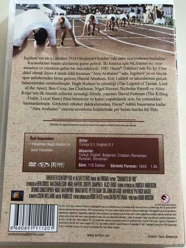 Chariots of Fire DVD 1981 Ateş Arabaları / Directed by Hugh Hudson / Starring: Ben Cross, Ian Charleson, Nigel Havers, Cheryl Campbell, Alice Krige, Lindsay Anderson / 4 dalda Oscar ödülü (8680891111201)