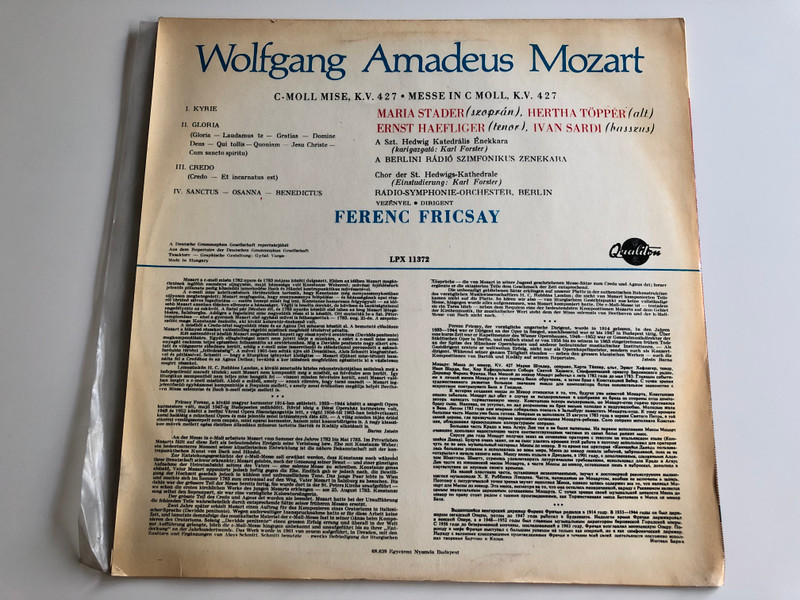 Mozart - Messe In C - Moll / Maria Stader, Hertha Topper, Ernst Haefliger, Ivan Sardi / Conducter: Ferenc Fricsay / QUALITON LP STEREO / LPX 11372 