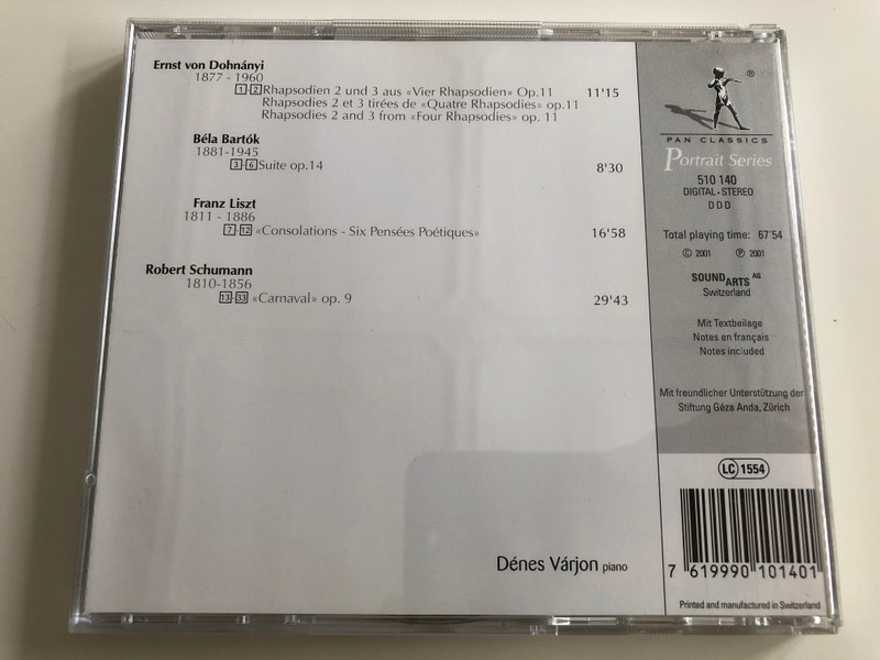 Portrait - Works by Liszt, Dohnányi, Bartók, Schumann / Dénes Várjon piano / In memoriam Géza Anda / Pan Classics 510 140 / Audio CD 2001 (7619990101401)