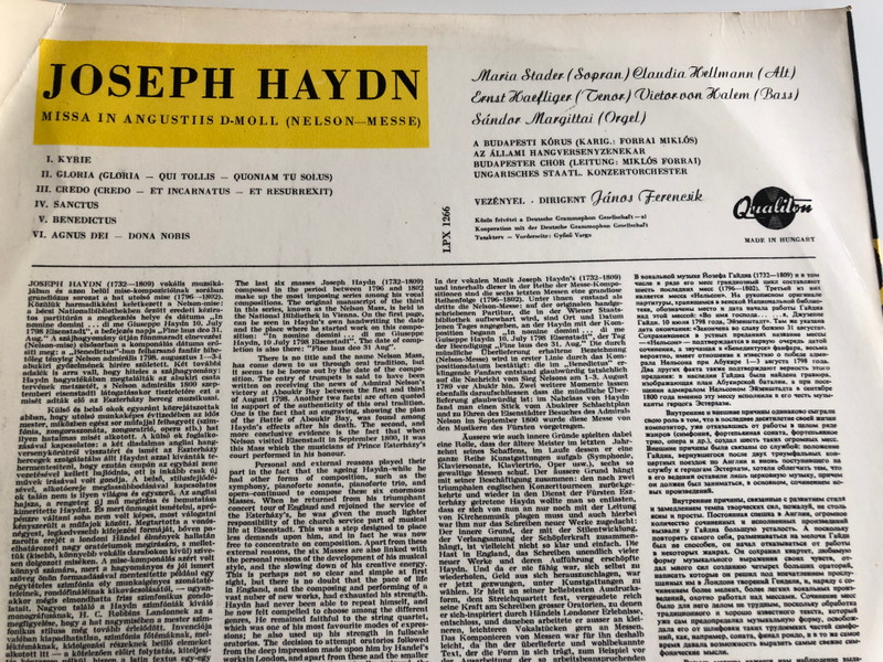 Haydn - Nelson Mise / Missa In Angustiis D-Moll / Maria Stader, Claudia Hellmann, Ernst Haefliger, Victor Von Halem / Vezenyel: Ferencsik Janos / QUALITON LP / LPX 1266