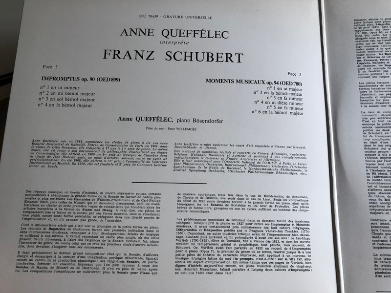 Anne Queffélec Interprete Schubert ‎/ Impromptus Op.90 / Moments Musicaux Op.94 / ERATO LP STEREO / STU 70659