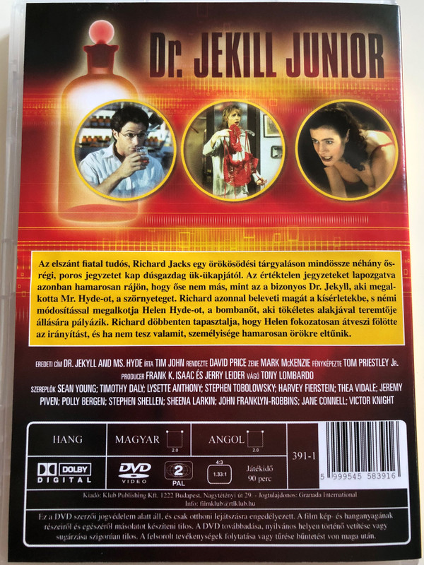 Dr. Jekyll and Ms. Hyde DVD 1995 Dr. Jekill Junior / Directed by David Price / Starring: Sean Young, Tim Daly, Lysette Anthony, Harvey Fierstein, Stephen Tobolowsky, Jeremy Piven (5999545583916)