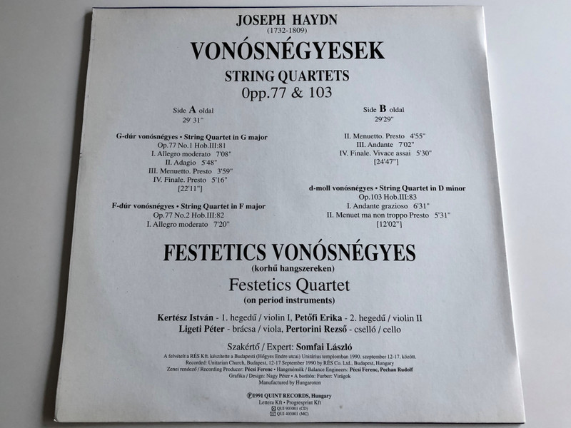 Joseph Haydn - Vonósnégyesek / String Quartets - Opp.77 & 103 / Festetics Vonósnégyes / QUINTANA LP / QUI 103001