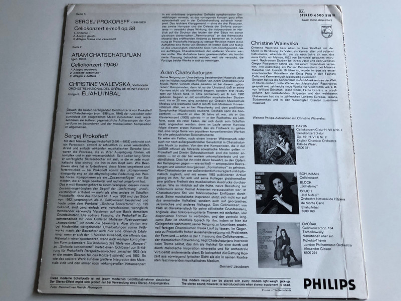 Prokofieff - Cellokonzert, Op.58 / Chatschaturjan - Cellokonzert (1946) / Christine Walevska / Orchestre National De L'Opéra De Monte - Carlo / Eliahu Inbal / PHILIPS LP STEREO / 6500 518