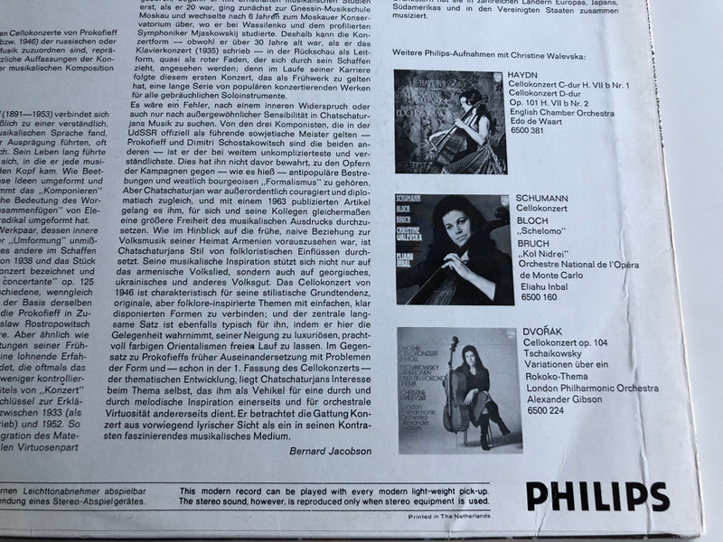 Prokofieff - Cellokonzert, Op.58 / Chatschaturjan - Cellokonzert (1946) / Christine Walevska / Orchestre National De L'Opéra De Monte - Carlo / Eliahu Inbal / PHILIPS LP STEREO / 6500 518