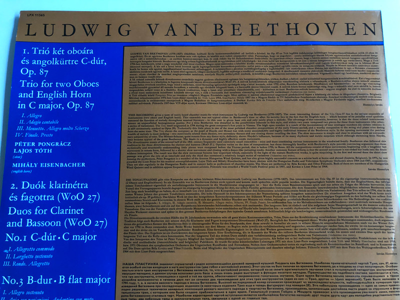Ludwig Van Beethoven ‎– Trio For Two Oboes And English Horn In C Major, Op. 87 / Duos for Clarinet and Bassoon NOS 1 and 3 WOO 27 / HUNGAROTON LP STEREO - MONO / LPX 11565
