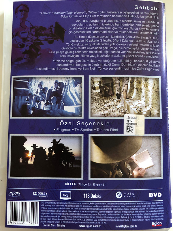 Gallipoli DVD 2005 Gelibolu / Directed by Tolga Örnek / Documentary about the 1915 Gallipoli campaign / Narrated by Sam Neill, Zafer Ergin, Demetri Goritsas, Jeremy Irons (8697333086294)