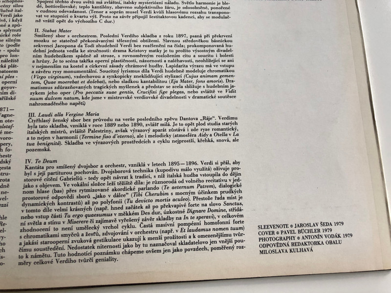Giuseppe Verdi - Quattro Pezzi Sacri / Czech Philharmonic / Gaetano Delogu / SUPRAPHON LP STEREO / 1112 2443 ZA