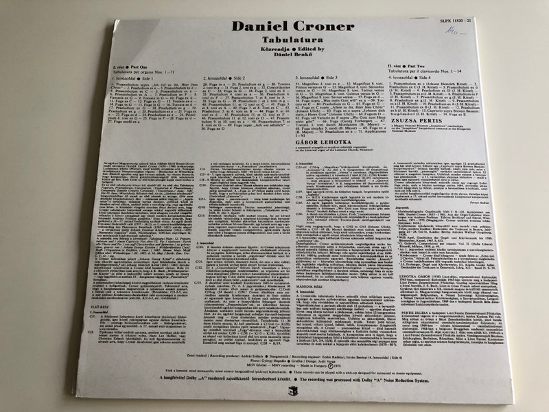Daniel Croner - Tabulatura / Gábor Lehotka, Zsuzsa Pertis / HUNGAROTON 2x LP STEREO - MONO / SLPX 11820 - 21
