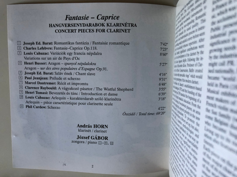 Fantasie Caprice / András Horn clarinet / József Gábor piano / Lefebvre, Barat, Cahuzac, Dautremer, Tomasi, Busser, Cardew / Hungaroton Classic Audio CD 2003 / HCD 32099