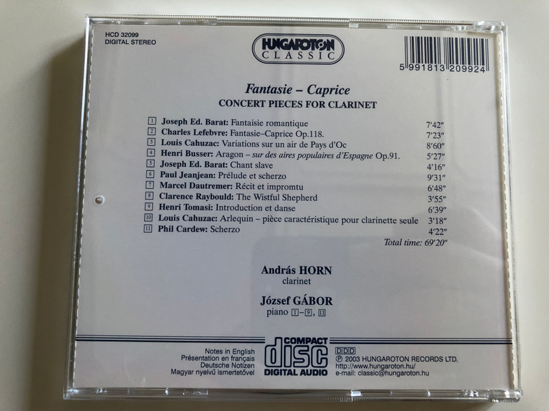 Fantasie Caprice / András Horn clarinet / József Gábor piano / Lefebvre, Barat, Cahuzac, Dautremer, Tomasi, Busser, Cardew / Hungaroton Classic Audio CD 2003 / HCD 32099 (5991813209924)
