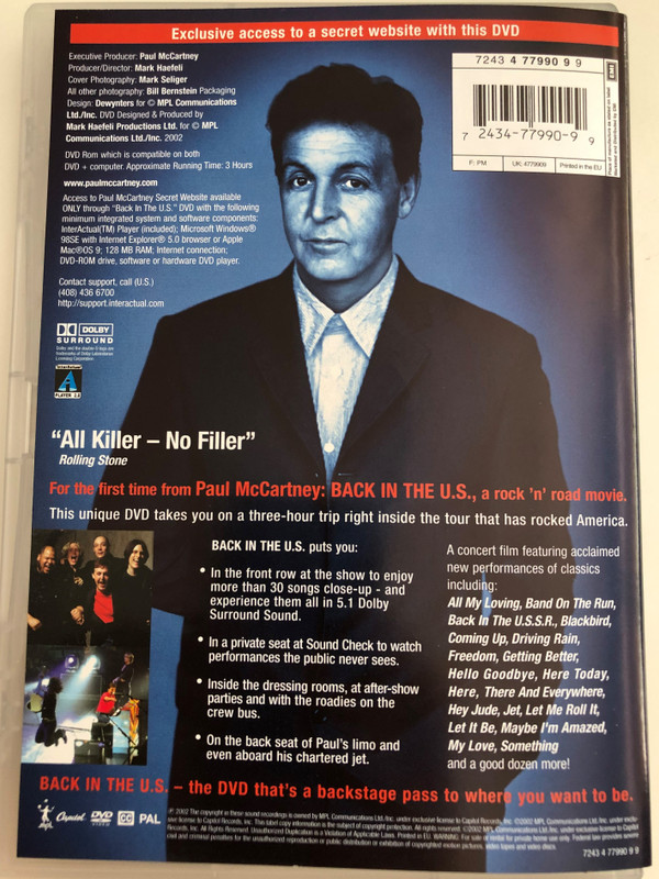 Paul McCartney - Back in the U.S / Concert film DVD 2002 / Directed by Mark Seliger / Paul McCartney's a rock' n' road movie (724347799099)