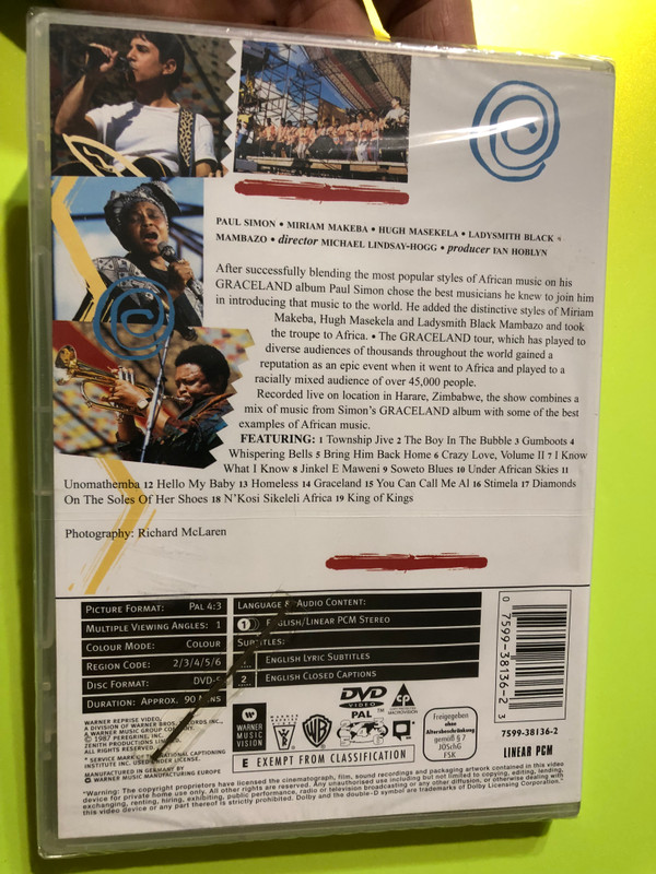 Paul Simon - Graceland: The African Concert DVD 1987 / Paul Simon, Miriam Makeba, Hugh Masekela, Ladysmith Black Mambazo / Directed by Michael Lindsay-Hogg / Warner Music (075993813623)