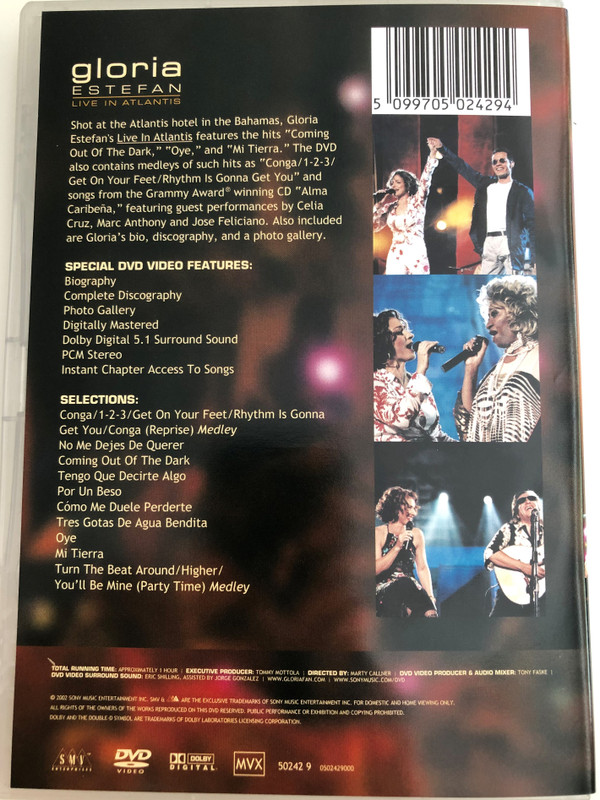 Gloria Estefan - Live in Atlantis DVD 2002 / Biography, Complete Discography / Directed by Marty Callner / Conga, Get on Your Feet, Mi Tierra / SMV 50242 9 (5099705024294)