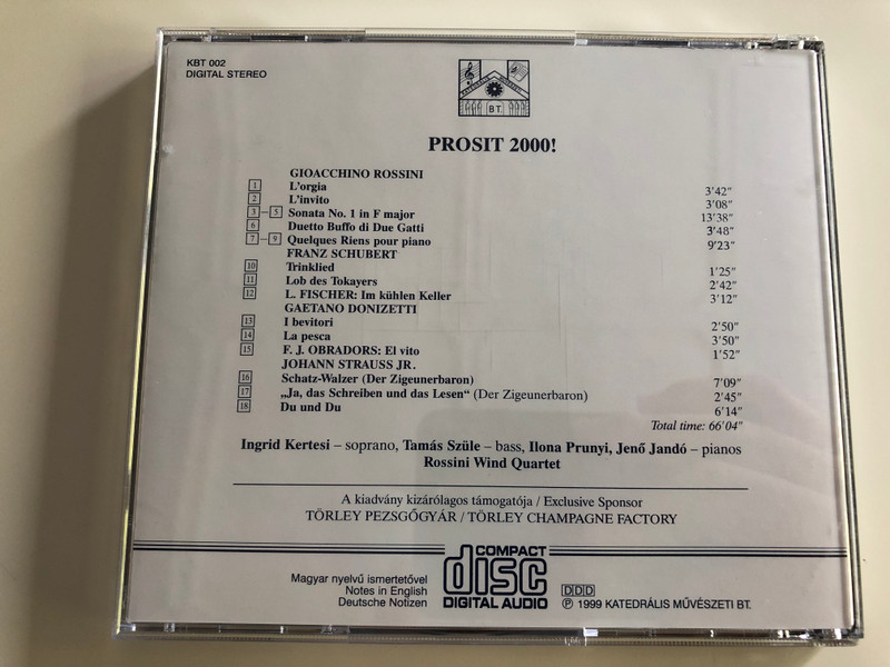 Prosit 2000! / Rossini, Schubert, Strauss / Ingrid Kertesi soprano, Tamás Szüle bass, Ilona Prunyi, Jenő Jandó piano / Rossini Wind Quartet / KBT002 / Audio CD 1999 (KBT002)