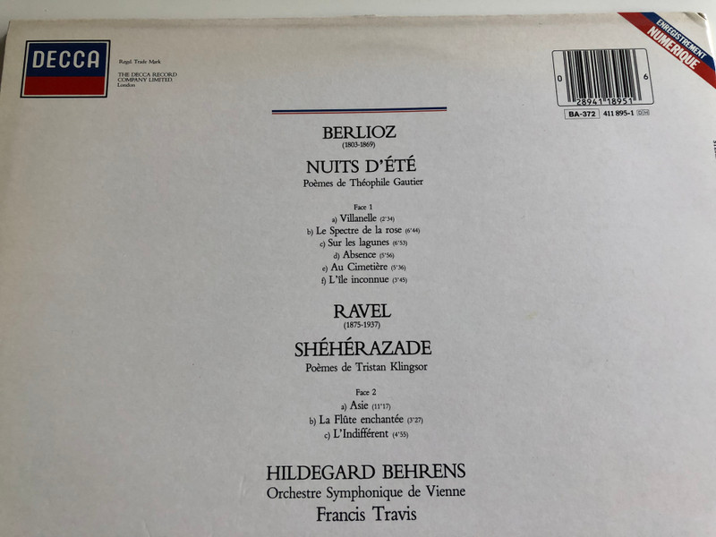 Berlioz – Nuits d'été / Ravel - Shéhérazade / Hildegard Behrens / Orchestre Symphonique de Vienne / Francis Travis / DECCA LP STEREO / 411 895 - 1