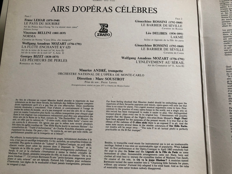Maurice André ‎– Airs D'Opéras Célèbres / W.A.Mozart, Rossini, Bellini, Delibes, Bizet, Lehar / Orchestre National De L'Opera De Monte - Carlo / Marc Soustrot / ERATO LP / STU 71132