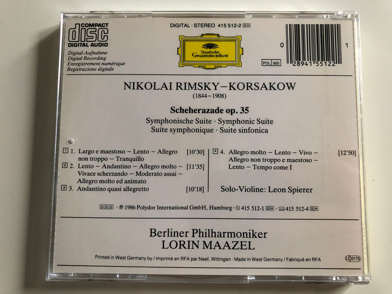 Nikolai Rimsky-Korsakow - Scheherazade op. 35/ Berliner Philharmoniker / Conducted by Lorin Maazel / Solo Violin: Leon Spierer / Audio CD 1986 (028941551221)