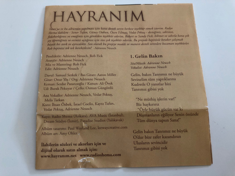 Hayranim / Gelin Bakin, Rab Iyidir, Dünya Dolsun, Davut'un Duasi, Inanirim / Turkish Language Christian Praise and Worship / Audio CD 2014 (hayranimCD)