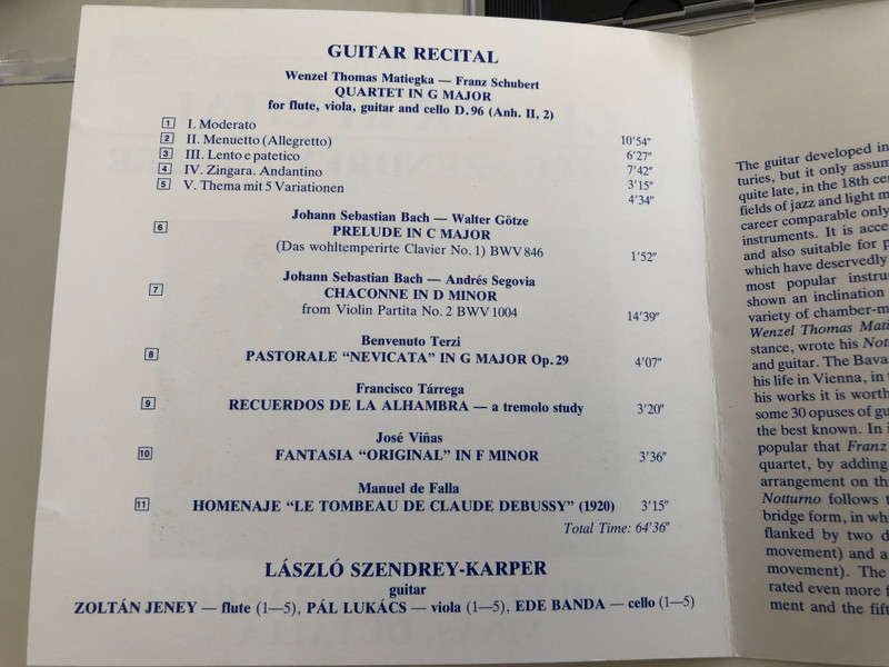 Guitar Recital - László Szendrey-Karper / Schubert, Bach, Tárrega, Vinas, De falla / Hugaroton White Label Audio CD 1990 / HRC 146 (5991810014620)
