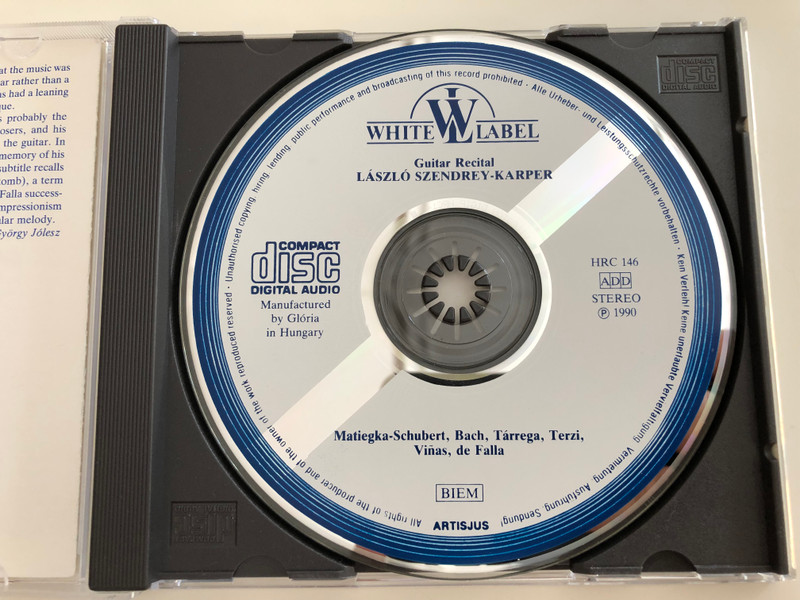 Guitar Recital - László Szendrey-Karper / Schubert, Bach, Tárrega, Vinas, De falla / Hugaroton White Label Audio CD 1990 / HRC 146 (5991810014620)