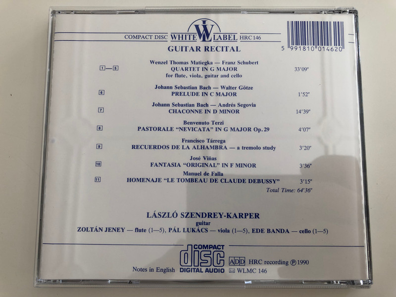 Guitar Recital - László Szendrey-Karper / Schubert, Bach, Tárrega, Vinas, De falla / Hugaroton White Label Audio CD 1990 / HRC 146 (5991810014620)