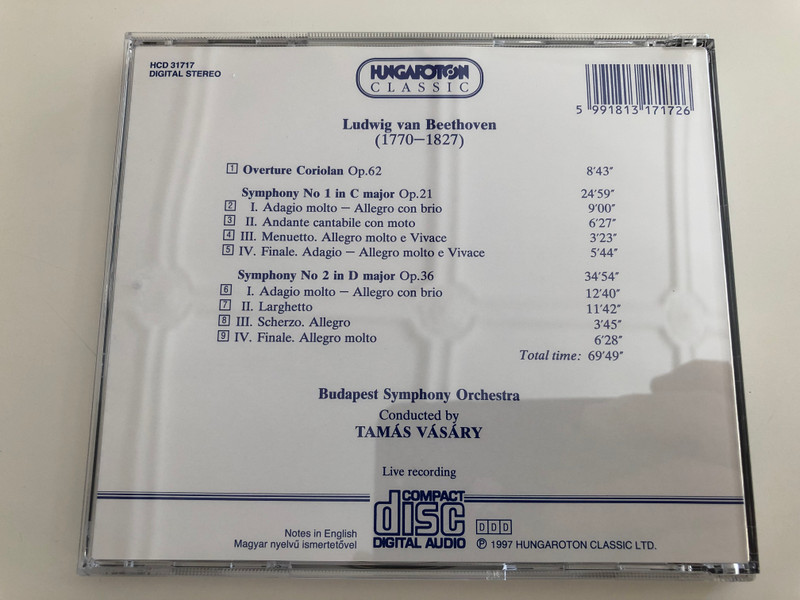 Beethoven - Symphony No. 1, No. 2, Coriolan - Overture / Budapest Symphony Orchestra / Conducted by Tamás Vásáry / Hungaroton Classic Audio CD 1997 / HCD 31717 / Live Recording (5991813171726)