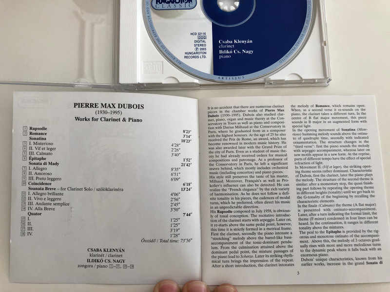 Pierre Max Dubois - Works for Clarinet & Piano / Csaba Klenyán clarinet, Ildikó Cs. Nagy piano / Hungaroton Classic Audio CD 2003 / HCD 32116 (5991813211620)