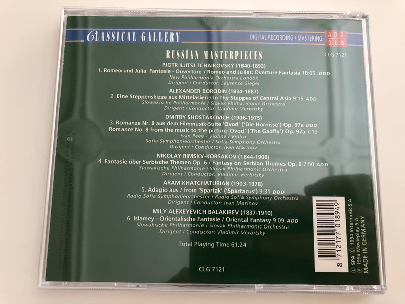 Russian Masterpieces / Tchaikovsky - Romeo and Juliet, Borodin In the steppes of Central Asia, Shostakovich - The Gadfly, Rimsky-Korsakov Fantasy on Serbian themes / Classical Gallery CLG 7121 / Audio CD 1994 (8712177018949)