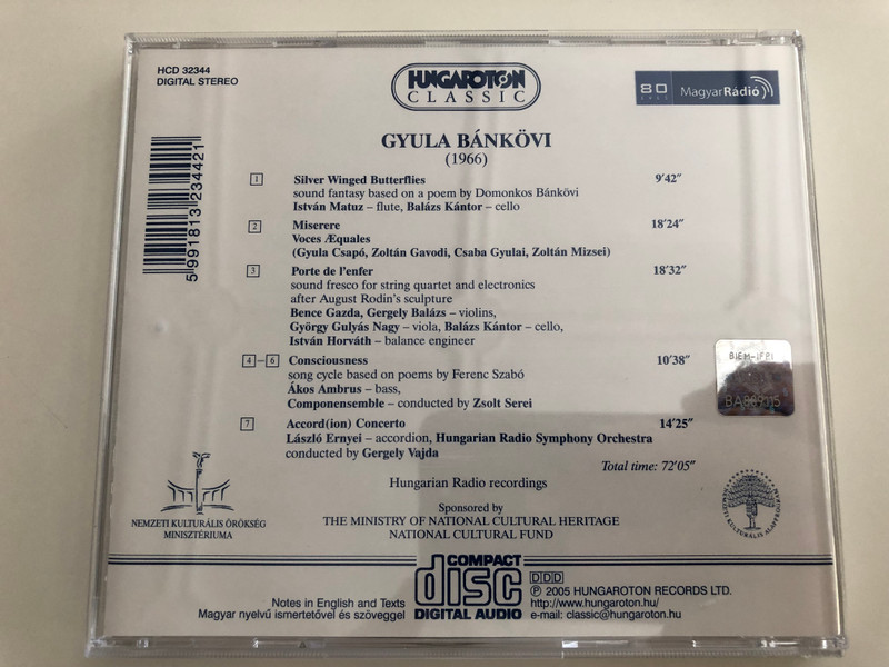 Gyula Bánkövi - Silver Winged Butterflies, Miserere, Porte de l'enfer, Consciousness, Accord(ion) Concerto / Hungaroton Classic Audio CD 2005 / HCD 32344 / Hungarian Radio recordings (5991813234421)