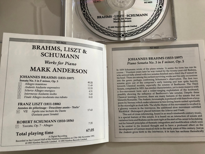 Mark Anderson - Brahms Sonata No. 3 / Liszt Dante Sonata, Schumann Toccata, Op. 7 / Nimbus Records Audio CD 1995 / NI5422 (083603542221)