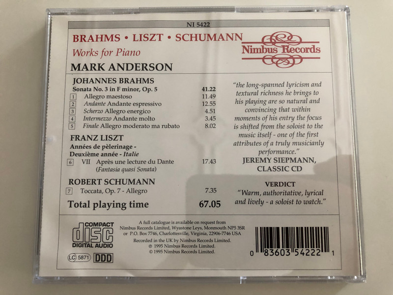 Mark Anderson - Brahms Sonata No. 3 / Liszt Dante Sonata, Schumann Toccata, Op. 7 / Nimbus Records Audio CD 1995 / NI5422 (083603542221)