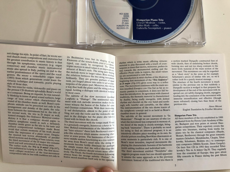 M. Enrico Bossi - Trio Op. 107, Trio sinfonico Op. 123 / Hungarian Piano Trio / József Modrián violin, Ildikó Rádi cello, Gabriella Szentpéteri piano / Hungaroton Classic Audio CD 2005 / HCD 32293 (5991813229328)