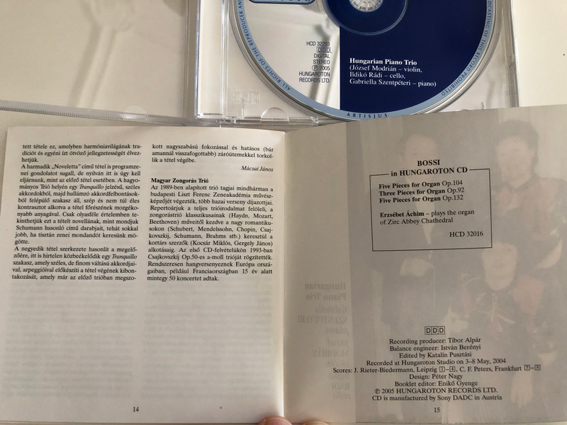 M. Enrico Bossi - Trio Op. 107, Trio sinfonico Op. 123 / Hungarian Piano Trio / József Modrián violin, Ildikó Rádi cello, Gabriella Szentpéteri piano / Hungaroton Classic Audio CD 2005 / HCD 32293 (5991813229328)