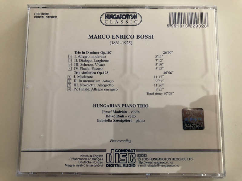 M. Enrico Bossi - Trio Op. 107, Trio sinfonico Op. 123 / Hungarian Piano Trio / József Modrián violin, Ildikó Rádi cello, Gabriella Szentpéteri piano / Hungaroton Classic Audio CD 2005 / HCD 32293 (5991813229328)