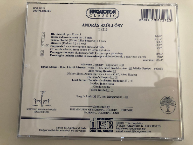 András Szőllősy - Concerto no 3, Tristia, Fabula Phædri, Miserere (Psalmus L) / Hungaroton Classic Audio CD 2002 / HCD 31727 (5991813172723)
