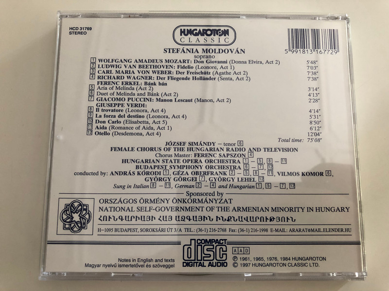 Stefánia Moldován soprano / Great Hungarian Voices / Mozart, Beethoven, Weber, Wagner, Erkel, Puccini, Verdi / Hungaroton Classic Audio CD 1997 / HCD 31769 (5991813167729)