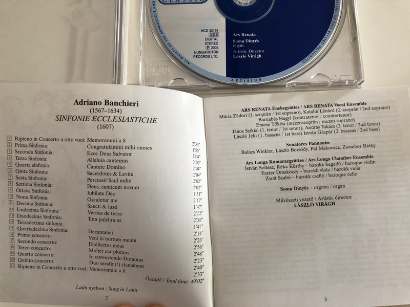 Adriano Banchieri - Sinfonie Ecclesiastiche / Ars Renata / Soma Dinyés organ, László Virágh artistic director / Hungaroton Classic Audio CD 2004 / HCD 32194 (5991813219428)
