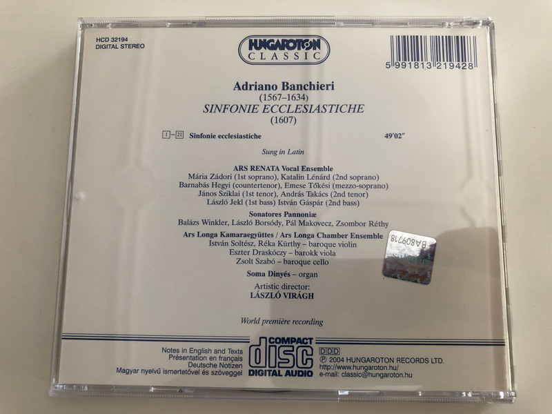 Adriano Banchieri - Sinfonie Ecclesiastiche / Ars Renata / Soma Dinyés organ, László Virágh artistic director / Hungaroton Classic Audio CD 2004 / HCD 32194 (5991813219428)