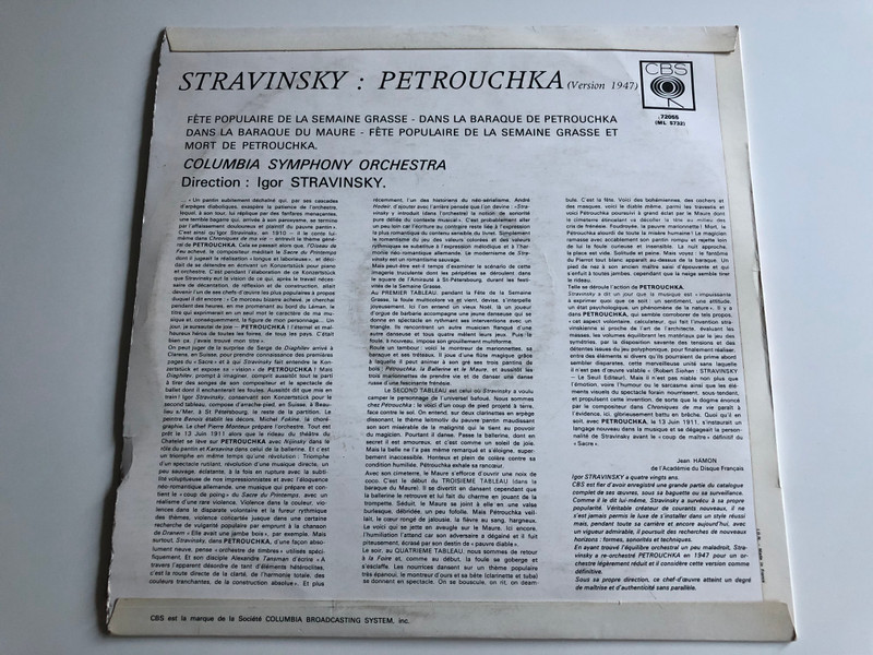 Stravinsky - Petrouchka / Columbia Symphony Orchestra / Conducted: Igor Stravinsky / Version 1947 / CBS LP / 72055