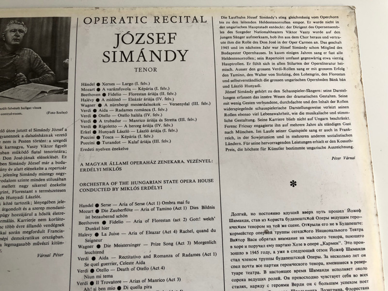 József Simándy ‎– Operatic Recital / Manrico, Hunyadi Laszlo, Tamino, Don Jose / Conducted: Erdélyi Miklós / HUNGAROTON LP STEREO - MONO / LPX 11428