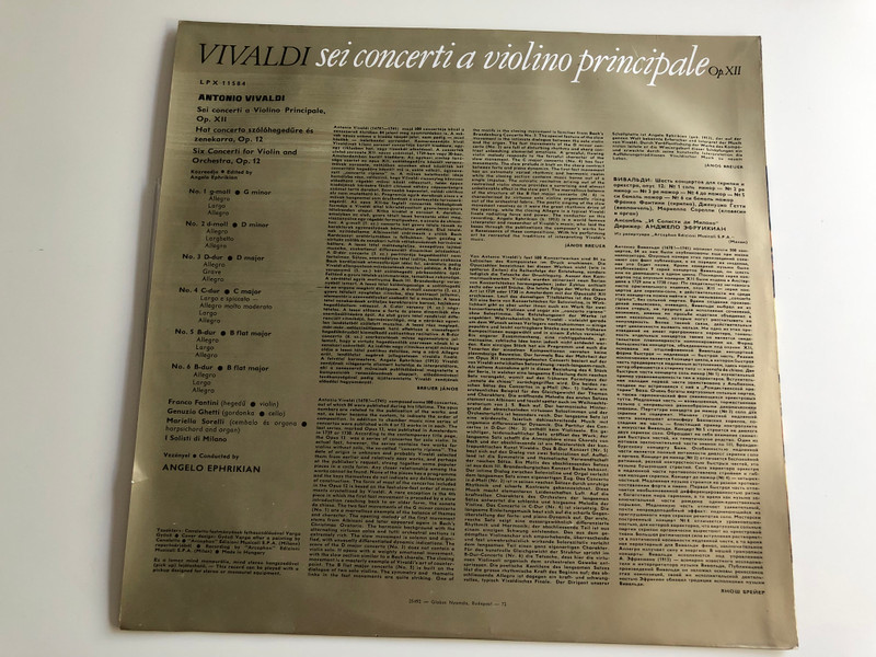 Vivaldi - Sei Concerti a Violino Principale Op XII / I Solisti Di Milano / Conducted: Angelo Ephrikian / HUNGAROTON LP STEREO - MONO / LPX 11584