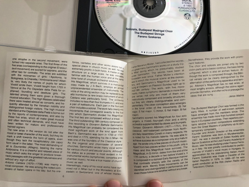 Magnificat / Vivaldi, Albinoni, Sammartini, Caldara / Márta Szűcs, Klára Takács, Tamás Bátor, Dénes Gulyás / Budapest MAdrigal Choir - The Budapest Strings / Conducted by Ferenc Szekeres / Hungaroton Classic Audio CD 1994 / HCD 31259 