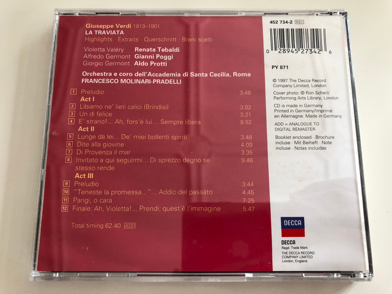 Verdi - La Traviata / Highlights - Extraits - Querschnitt - Brani Scelti / Tebaldi, Poggi, Protti / Accademia Di Santa Cecilia, Roma / Conducted by Francesco Molinari-Pradelli / Decca Audio CD 1997 / 452 734-2 / PY 871 (028945273426)