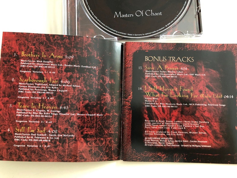 Gregorian - Masters of Chant / Brothers in Arms, Still I'm Sad, Vienna, Don't Give Up / Audio CD 2000 / Edel / Gregorian versions of popular songs (4029758140420)
