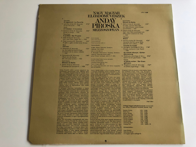 Nagy Magyar Eloadomuveszek / Anday Piroska ‎/ Conducted: Julius Prüwer, Karl Alwin, Majorossy Aladár / HUNGAROTON LP STEREO / LPX 11688