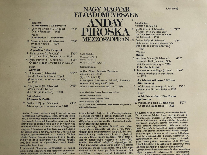 Nagy Magyar Eloadomuveszek / Anday Piroska ‎/ Conducted: Julius Prüwer, Karl Alwin, Majorossy Aladár / HUNGAROTON LP STEREO / LPX 11688